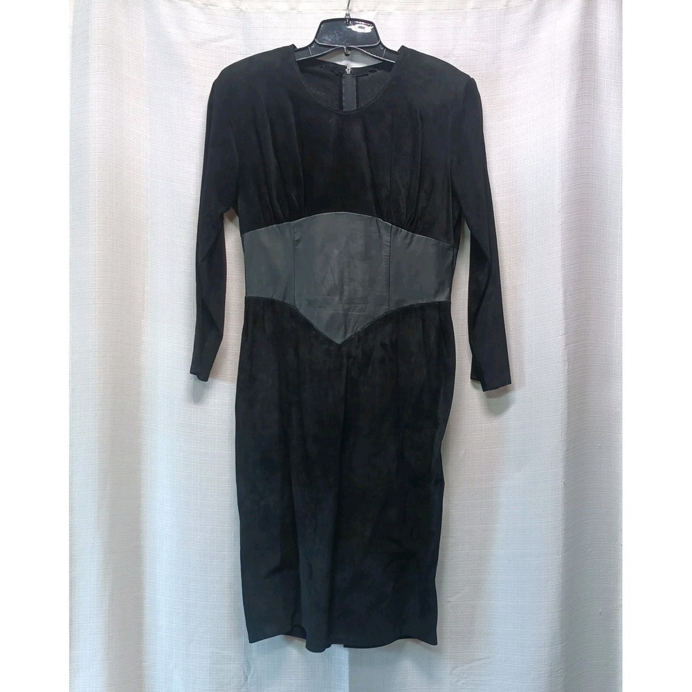 Vtg‎ 90s Firenze Women's M Black Leather Dress 3/4 Sleeve Back Zip Party Y2K